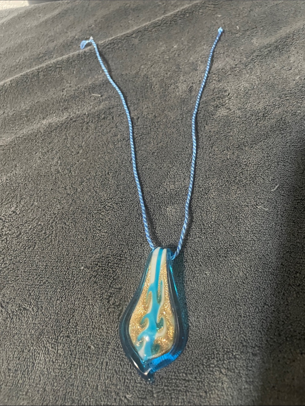 Handblown Blue Glass Pendant Necklace with Gold Accents
